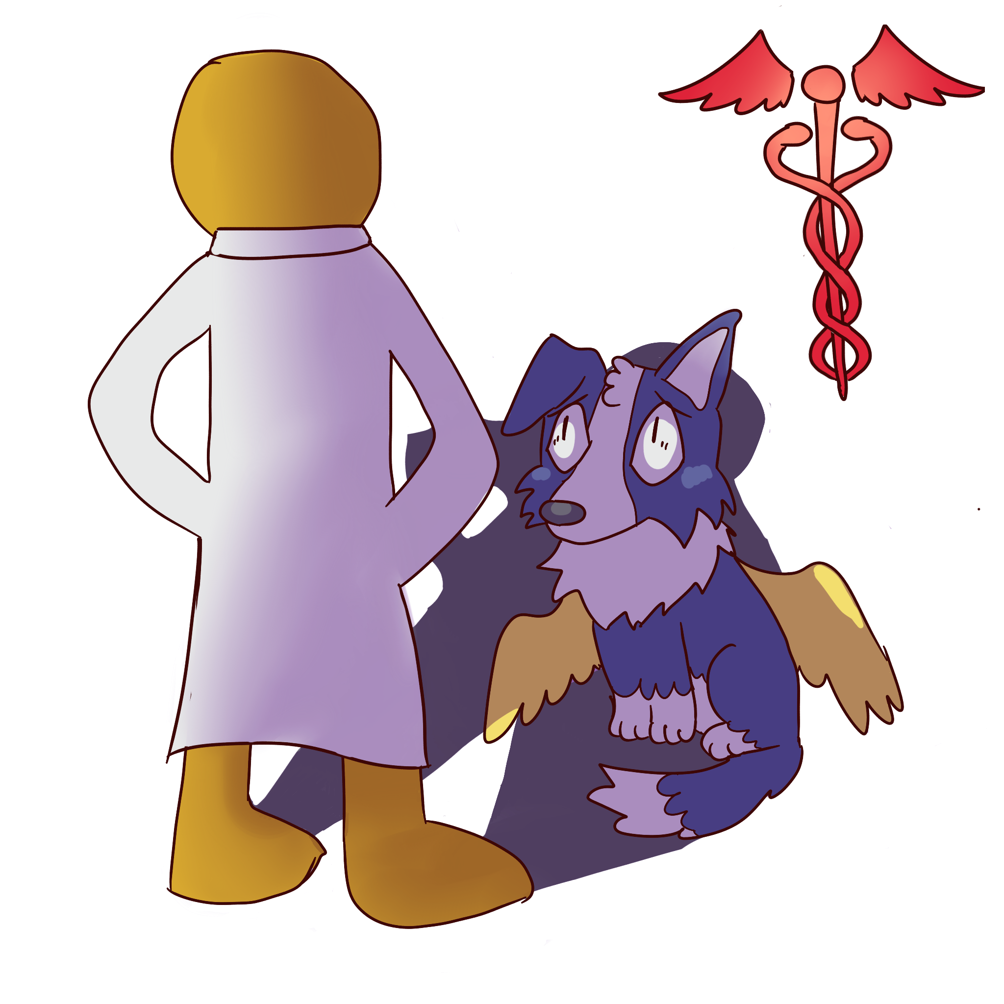  a yellow figure in a lab coat standing over a blue dog with wings. they cast a shadow on the dog who looks afraid. there is a red caduceus